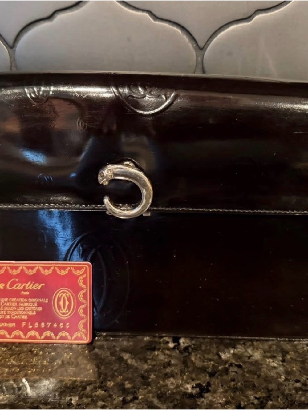 Vintage Cartier Black Patent Leather Clutch with Silver Panthère Ring